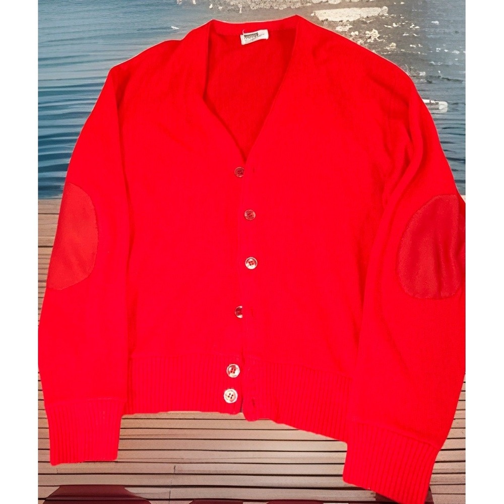 Vintage Montgomery Ward Red Cardigan Sweater Ramie Cotton Elbow Patch